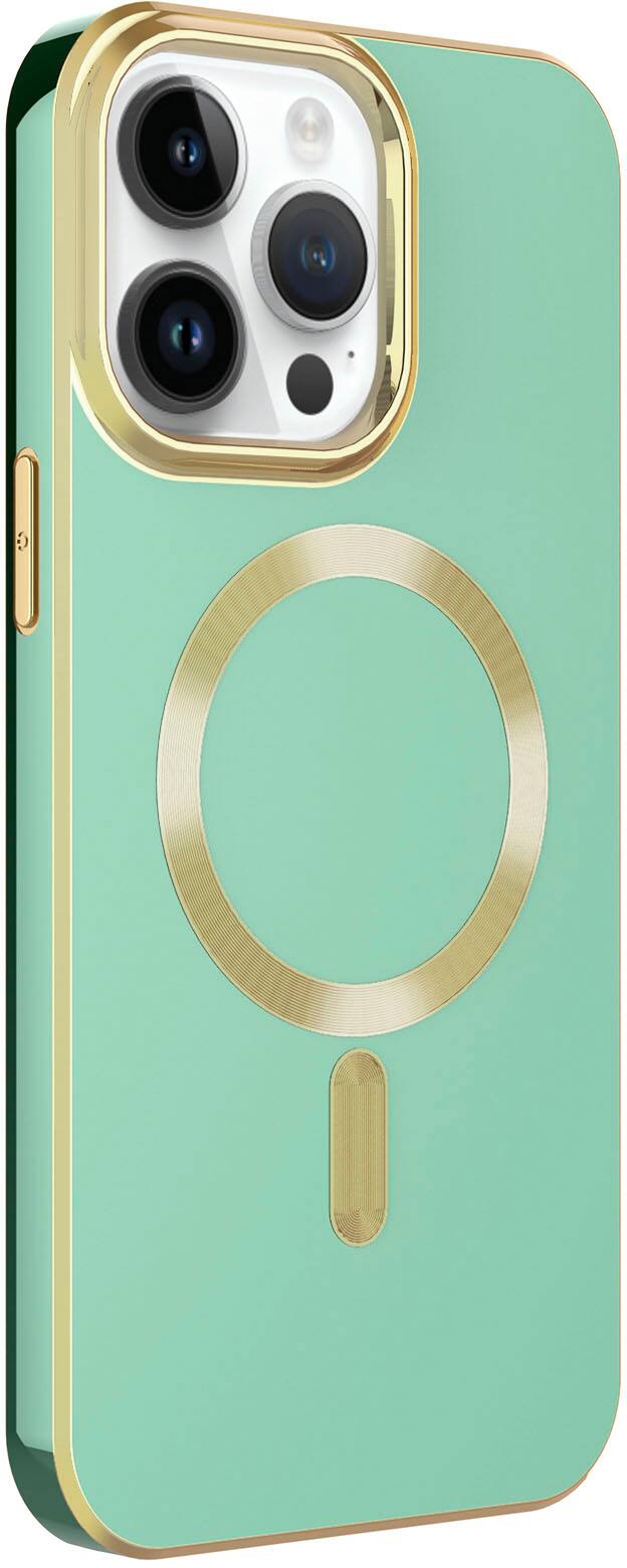 Left. AMPD - Gold Bumper Soft Case with MagSafe for Apple iPhone 14 Pro Max - Light Green.