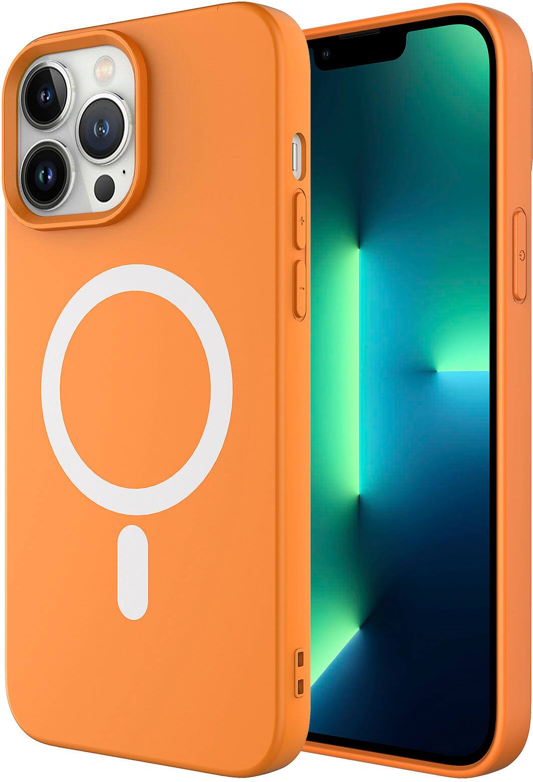 Angle. AMPD - Real Feel Soft Case with MagSafe for Apple iPhone 13 Pro - Orange.