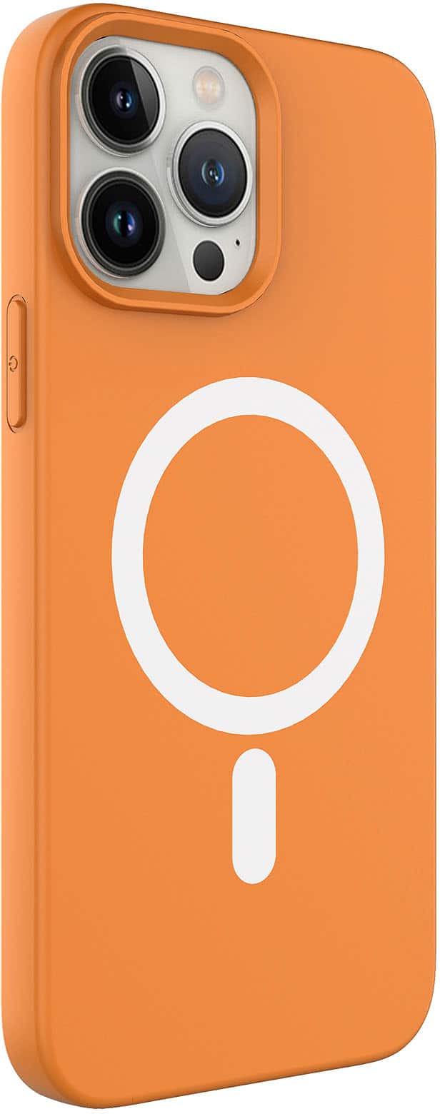Left. AMPD - Real Feel Soft Case with MagSafe for Apple iPhone 13 Pro - Orange.