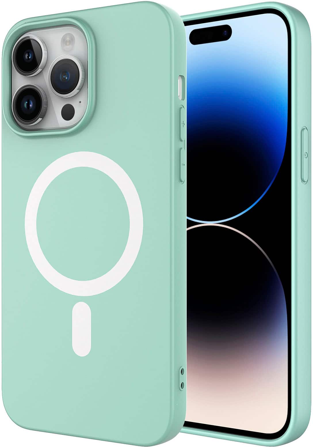 Angle. AMPD - Real Feel Soft Case with MagSafe for Apple iPhone 14 Pro Max - Pastel Green.