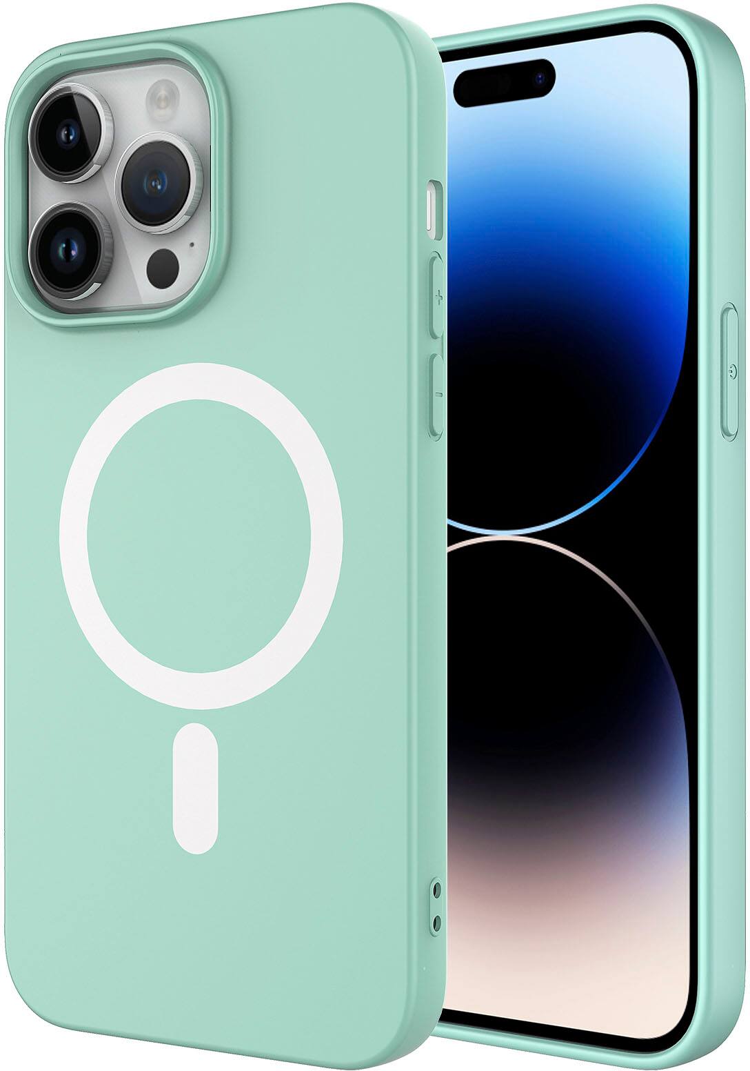 Angle. AMPD - Real Feel Soft Case with MagSafe for Apple iPhone 14 Pro Max - Pastel Green.