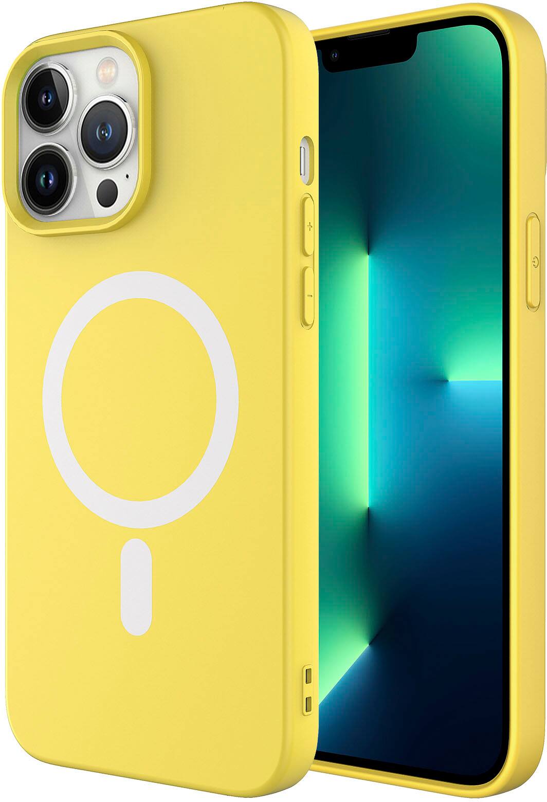 Angle. AMPD - Real Feel Soft Case with MagSafe for Apple iPhone 13 Pro - Yellow.