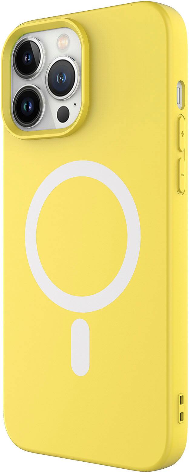 Left. AMPD - Real Feel Soft Case with MagSafe for Apple iPhone 13 Pro - Yellow.