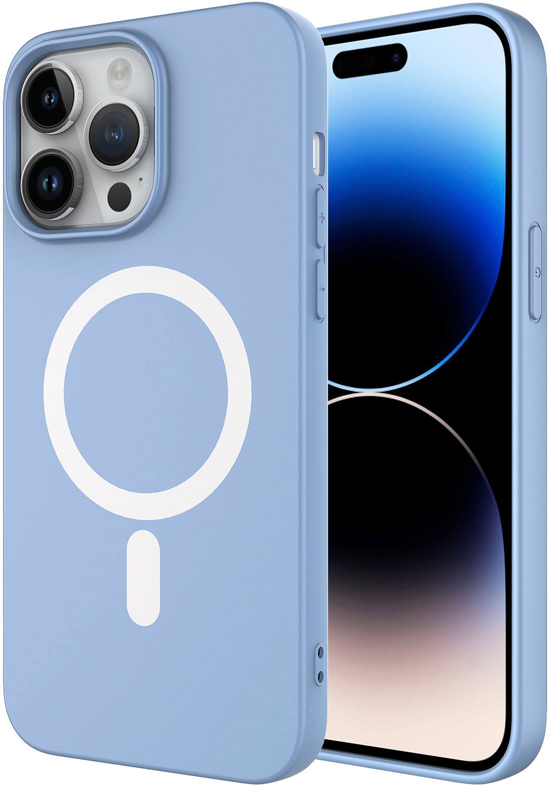 Angle. AMPD - Real Feel Soft Case with MagSafe for Apple iPhone 14 Pro Max - Pastel Blue.