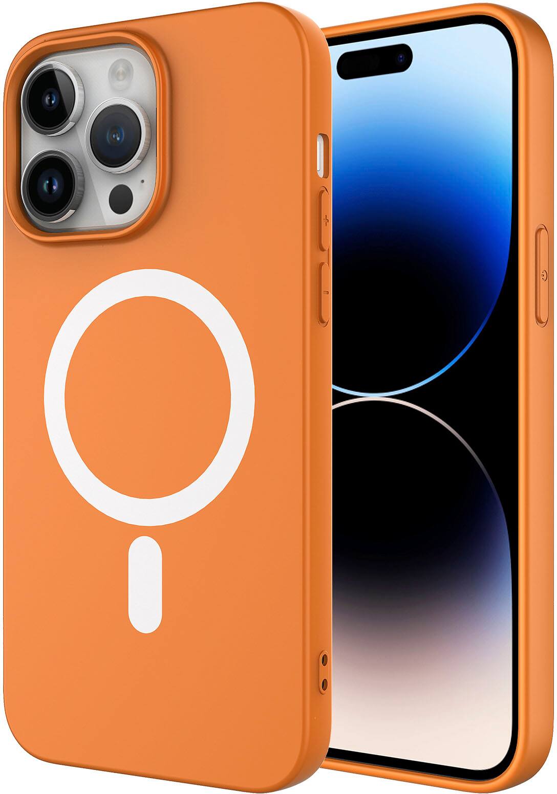 Angle. AMPD - Real Feel Soft Case with MagSafe for Apple iPhone 14 Pro Max - Orange.