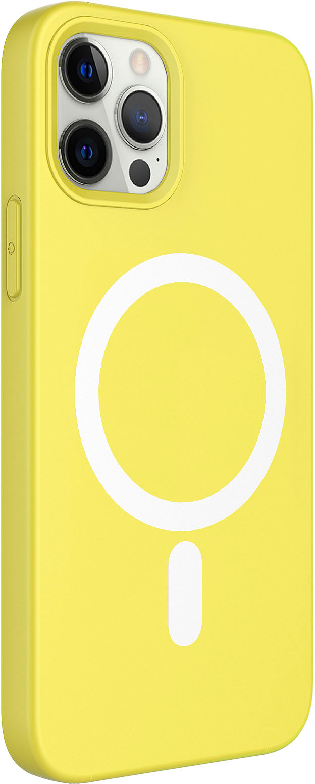 Left View: AMPD - Real Feel Soft Case with MagSafe for Apple iPhone 12 Pro / iPhone 12 - Yellow