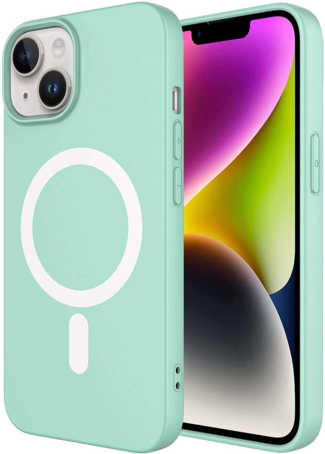 Angle. AMPD - Real Feel Soft Case with MagSafe for Apple iPhone 14 / iPhone 13 - Pastel Green.