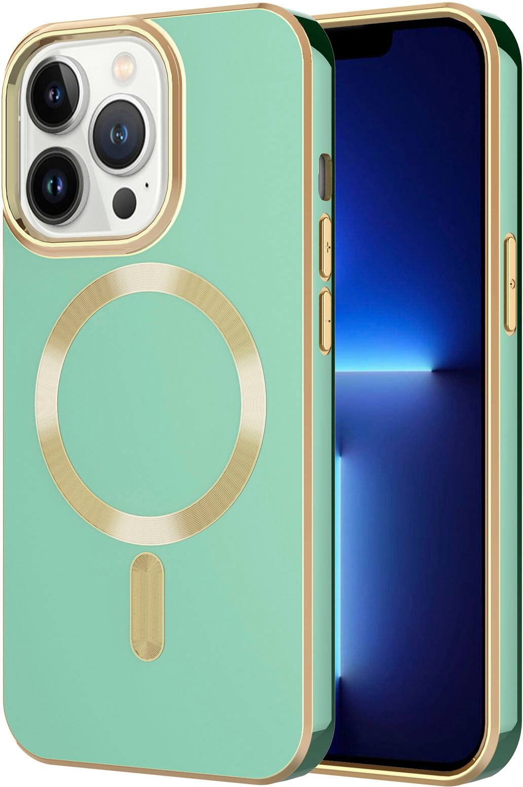 Angle. AMPD - Gold Bumper Soft Case with MagSafe for Apple iPhone 13 Pro - Light Green.