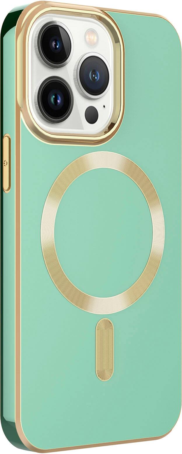 Left. AMPD - Gold Bumper Soft Case with MagSafe for Apple iPhone 13 Pro - Light Green.