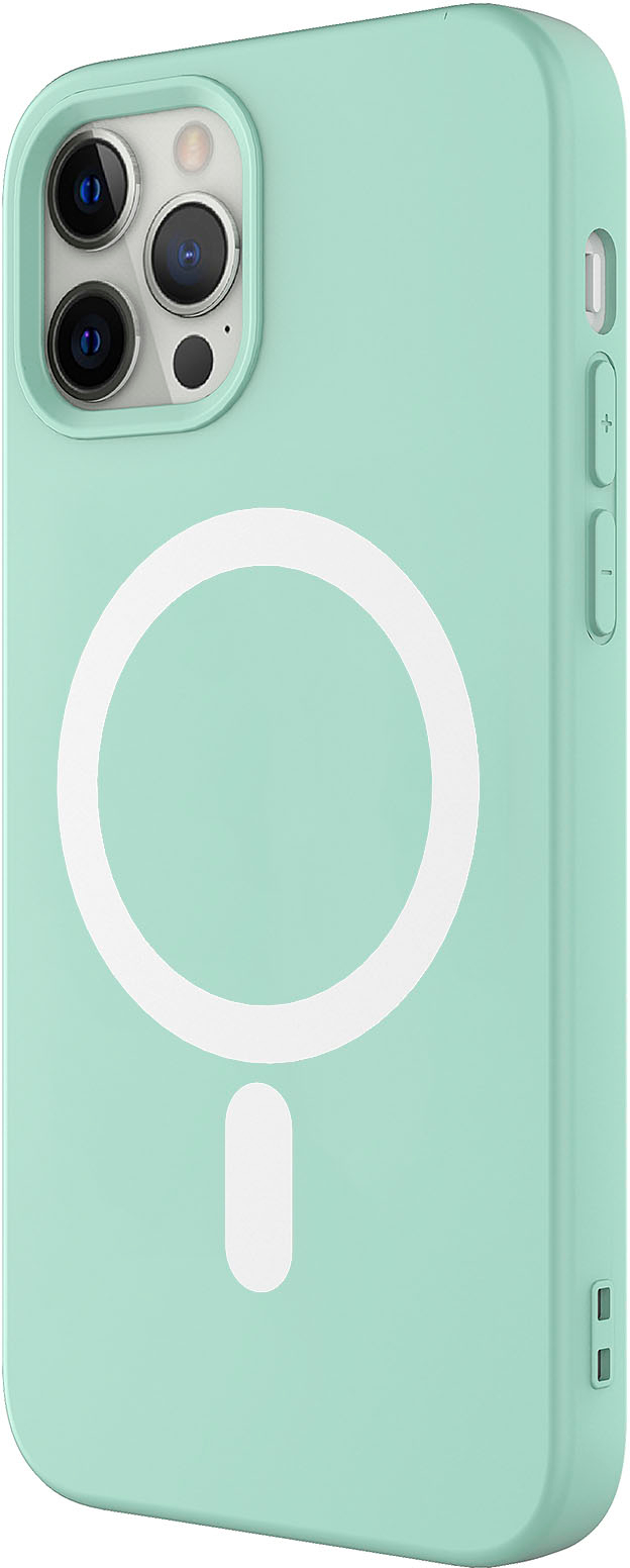 Left View: AMPD - Real Feel Soft Case with MagSafe for Apple iPhone 12 Pro / iPhone 12 - Pastel Green