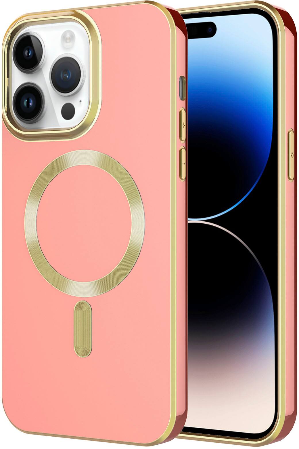 Angle. AMPD - Gold Bumper Soft Case with MagSafe for Apple iPhone 14 Pro - Light Pink.