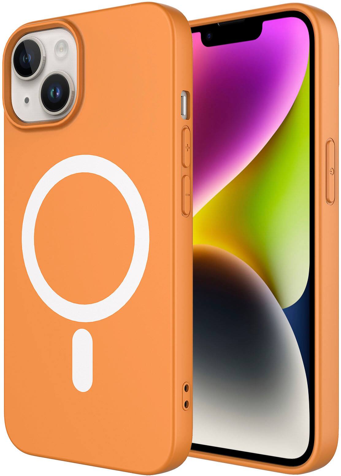 Angle. AMPD - Real Feel Soft Case with MagSafe for Apple iPhone 14 / iPhone 13 - Orange.