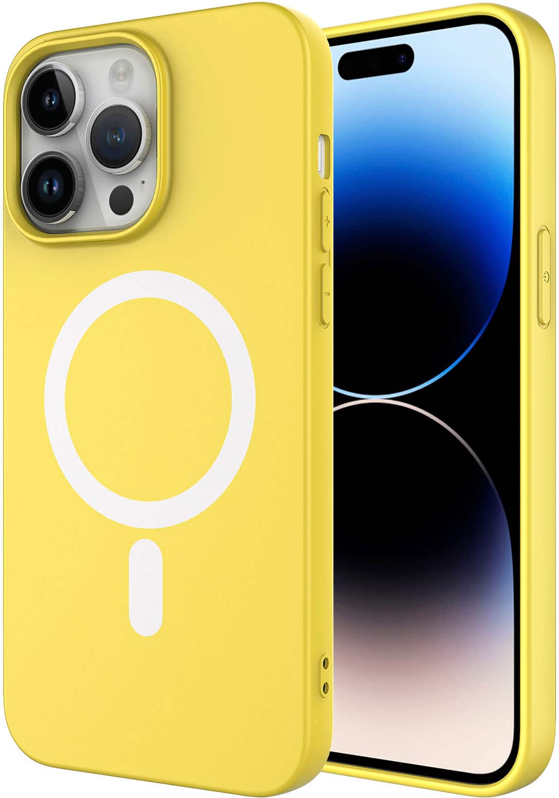 Angle. AMPD - Real Feel Soft Case with MagSafe for Apple iPhone 14 Pro Max - Yellow.