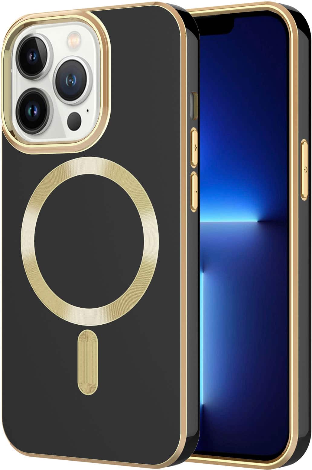 Angle. AMPD - Gold Bumper Soft Case with MagSafe for Apple iPhone 13 Pro - Black.