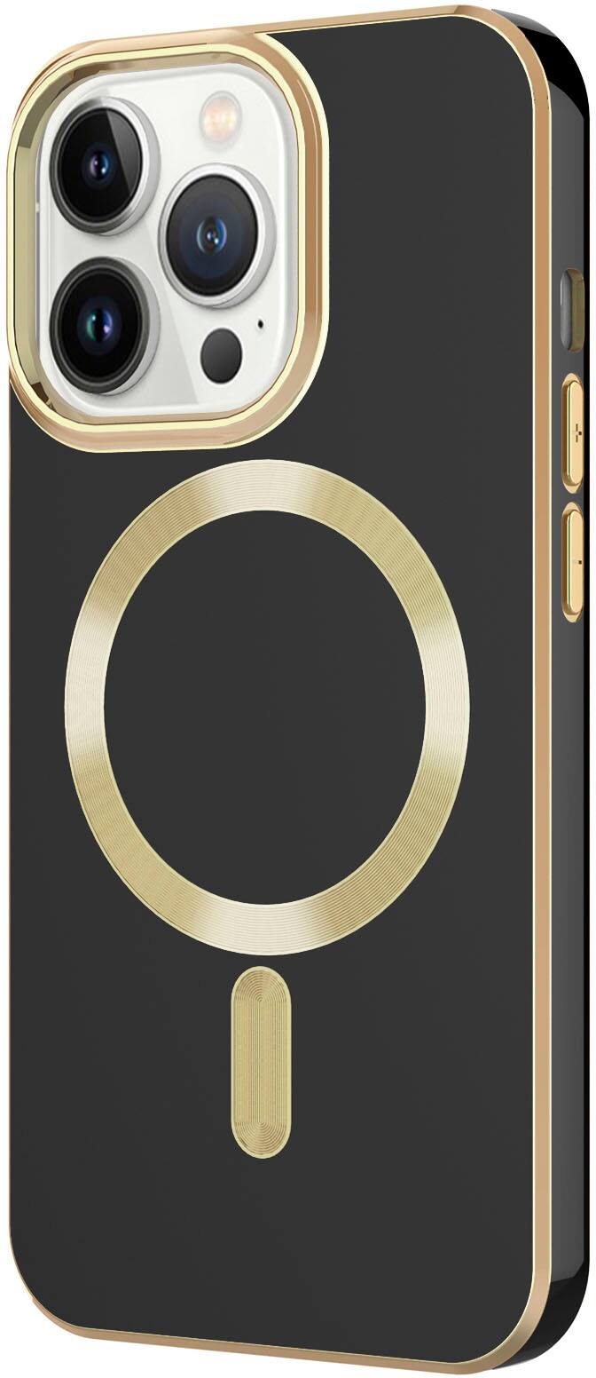Left. AMPD - Gold Bumper Soft Case with MagSafe for Apple iPhone 13 Pro - Black.