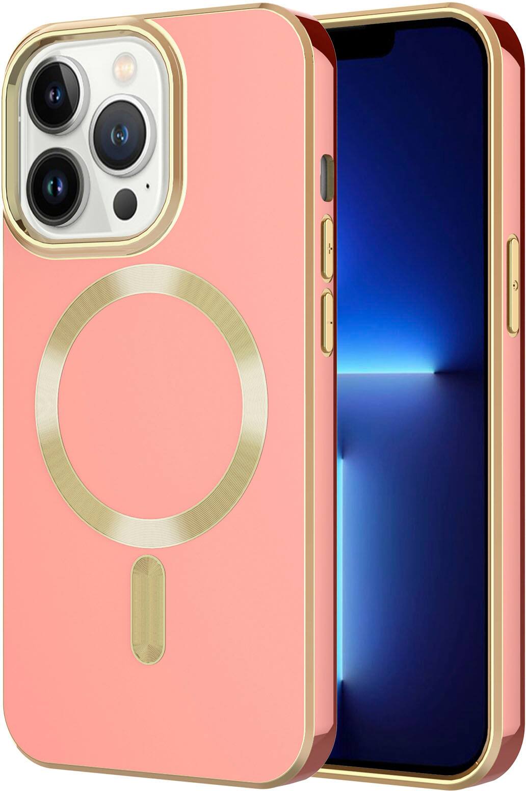 Angle. AMPD - Gold Bumper Soft Case with MagSafe for Apple iPhone 13 Pro - Light Pink.