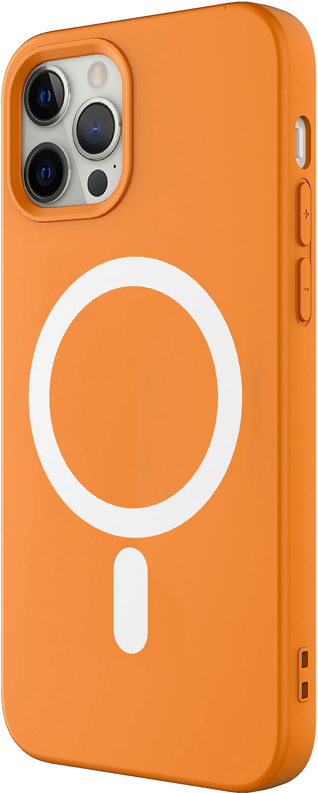 Left View: AMPD - Real Feel Soft Case with MagSafe for Apple iPhone 12 Pro / iPhone 12 - Orange