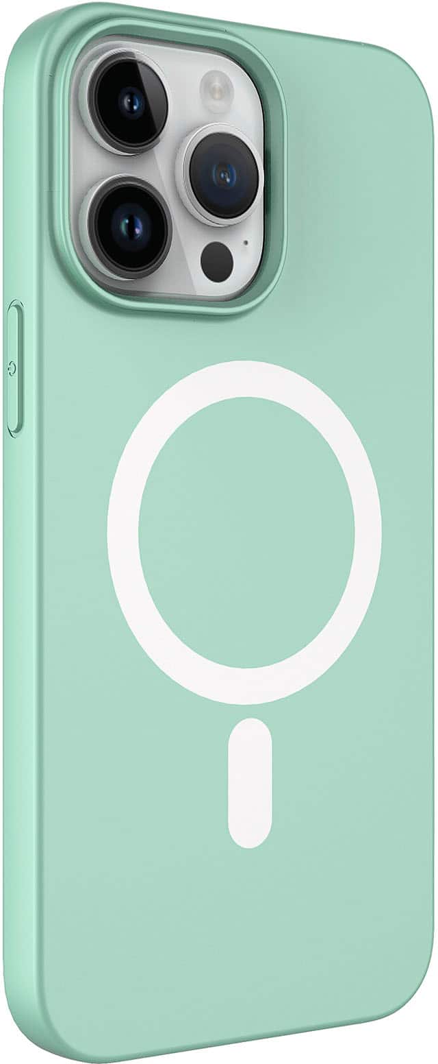 Left. AMPD - Real Feel Soft Case with MagSafe for Apple iPhone 14 Pro - Pastel Green.
