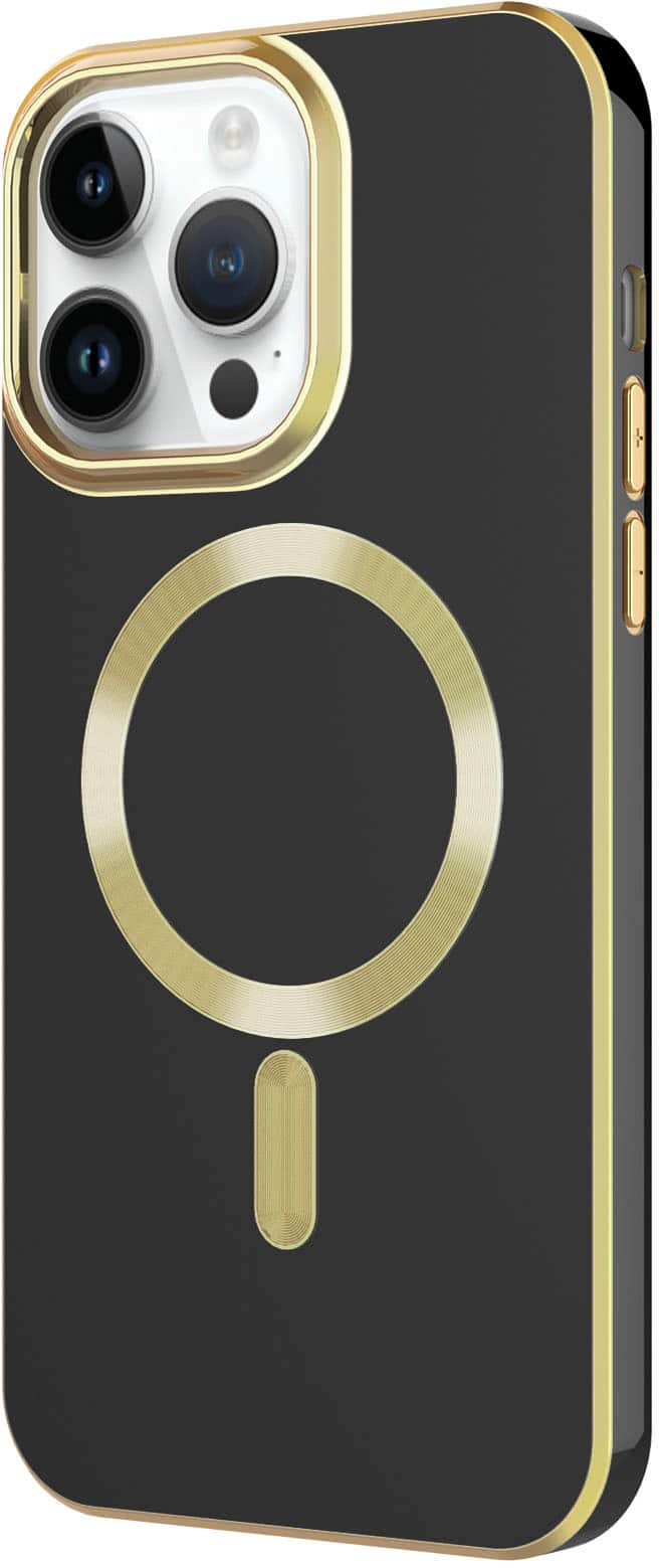 Left. AMPD - Gold Bumper Soft Case with MagSafe for Apple iPhone 14 Pro - Black.