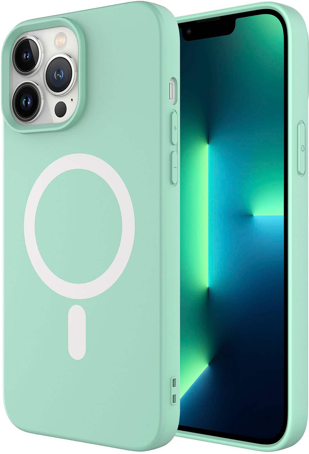 Angle. AMPD - Real Feel Soft Case with MagSafe for Apple iPhone 13 Pro - Pastel Green.