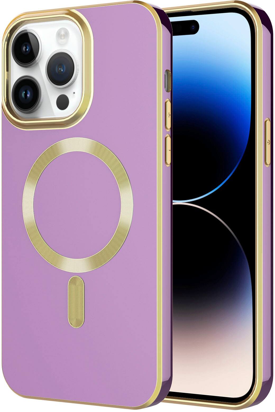 Angle. AMPD - Gold Bumper Soft Case with MagSafe for Apple iPhone 14 Pro Max - Lilac Purple.