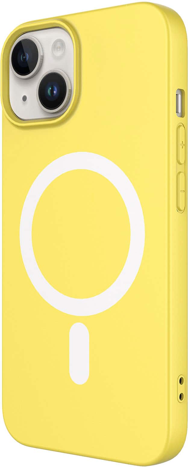 Left. AMPD - Real Feel Soft Case with MagSafe for Apple iPhone 14 / iPhone 13 - Yellow.