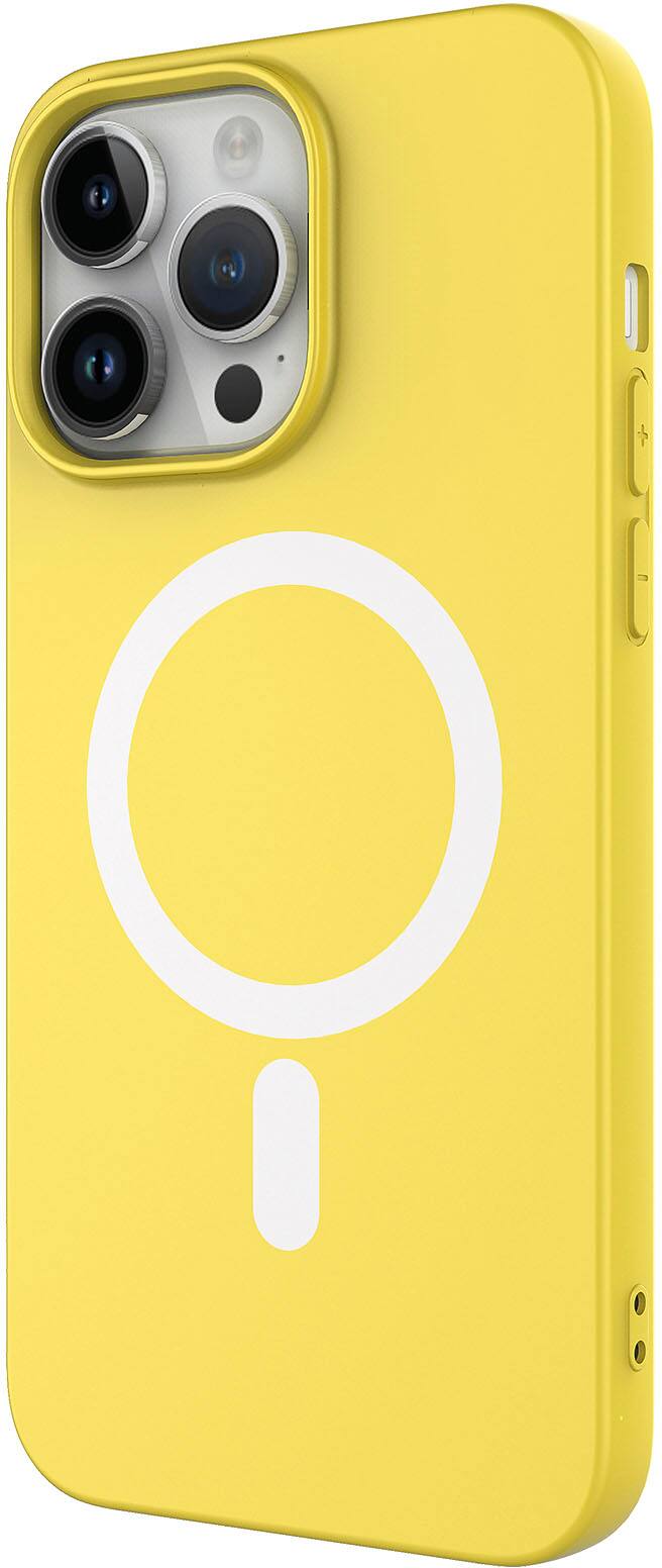 Left. AMPD - Real Feel Soft Case with MagSafe for Apple iPhone 14 Pro - Yellow.