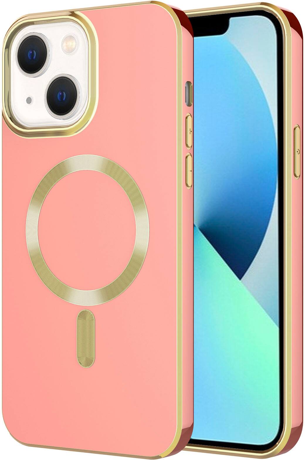 Angle. AMPD - Gold Bumper Soft Case with MagSafe for Apple iPhone 14 / iPhone 13 - Light Pink.