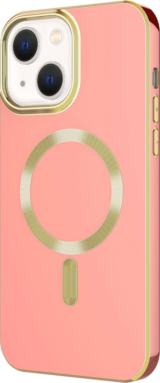 Left. AMPD - Gold Bumper Soft Case with MagSafe for Apple iPhone 14 / iPhone 13 - Light Pink.
