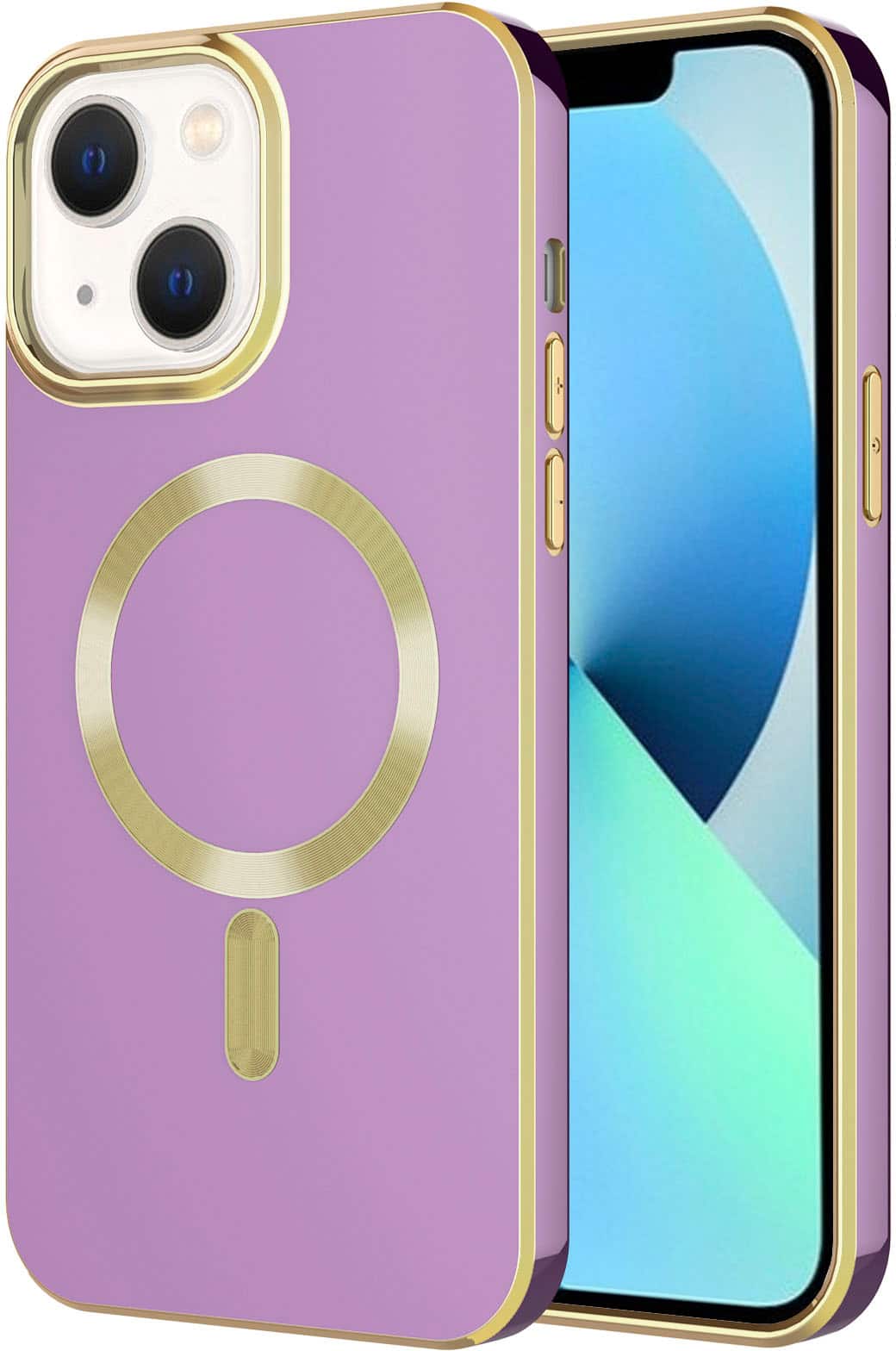 Angle. AMPD - Gold Bumper Soft Case with MagSafe for Apple iPhone 14 / iPhone 13 - Lilac Purple.