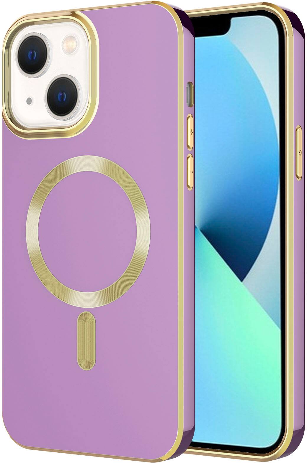 Angle. AMPD - Gold Bumper Soft Case with MagSafe for Apple iPhone 14 / iPhone 13 - Lilac Purple.