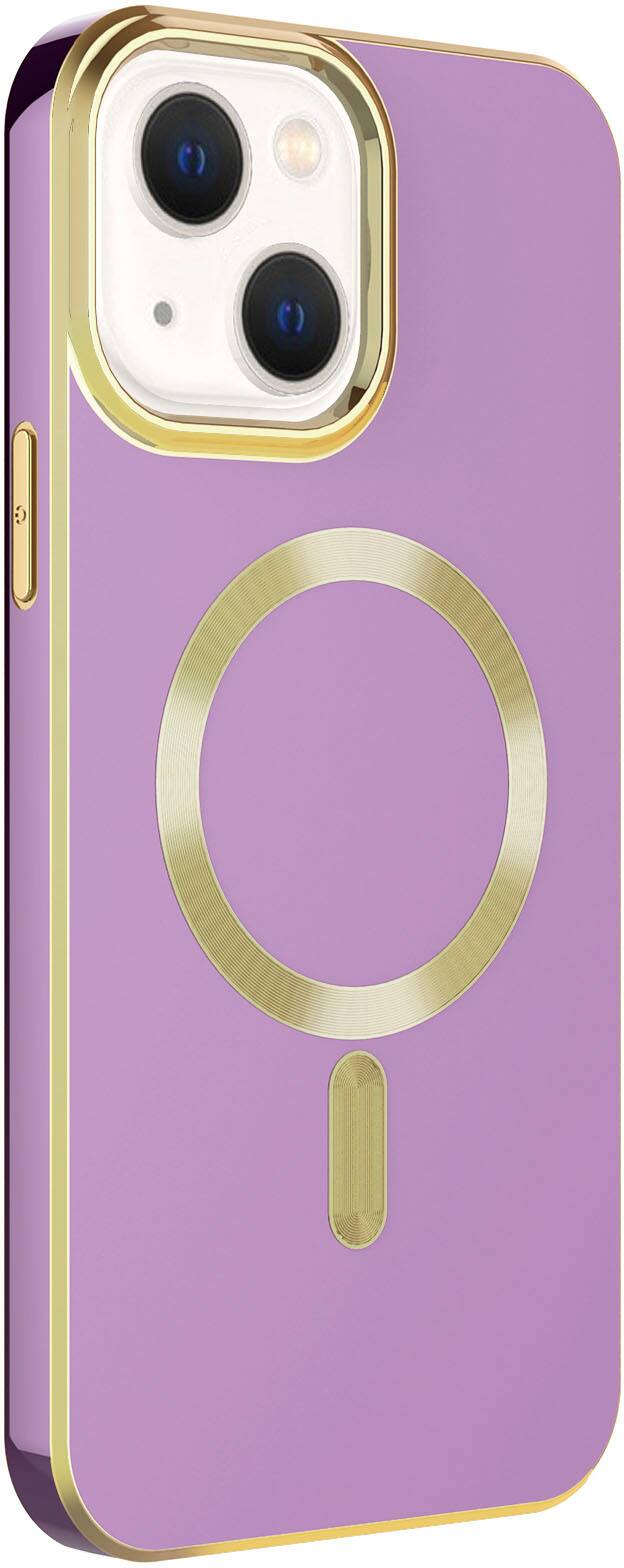 Left. AMPD - Gold Bumper Soft Case with MagSafe for Apple iPhone 14 / iPhone 13 - Lilac Purple.