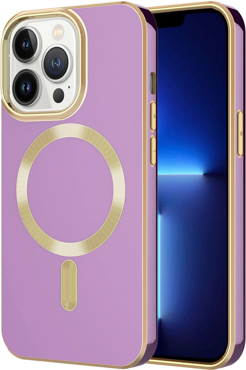 Angle. AMPD - Gold Bumper Soft Case with MagSafe for Apple iPhone 13 Pro - Lilac Purple.