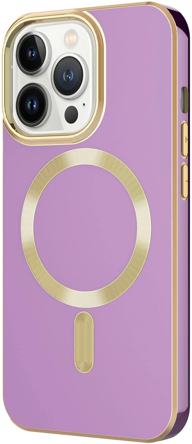 Left. AMPD - Gold Bumper Soft Case with MagSafe for Apple iPhone 13 Pro - Lilac Purple.