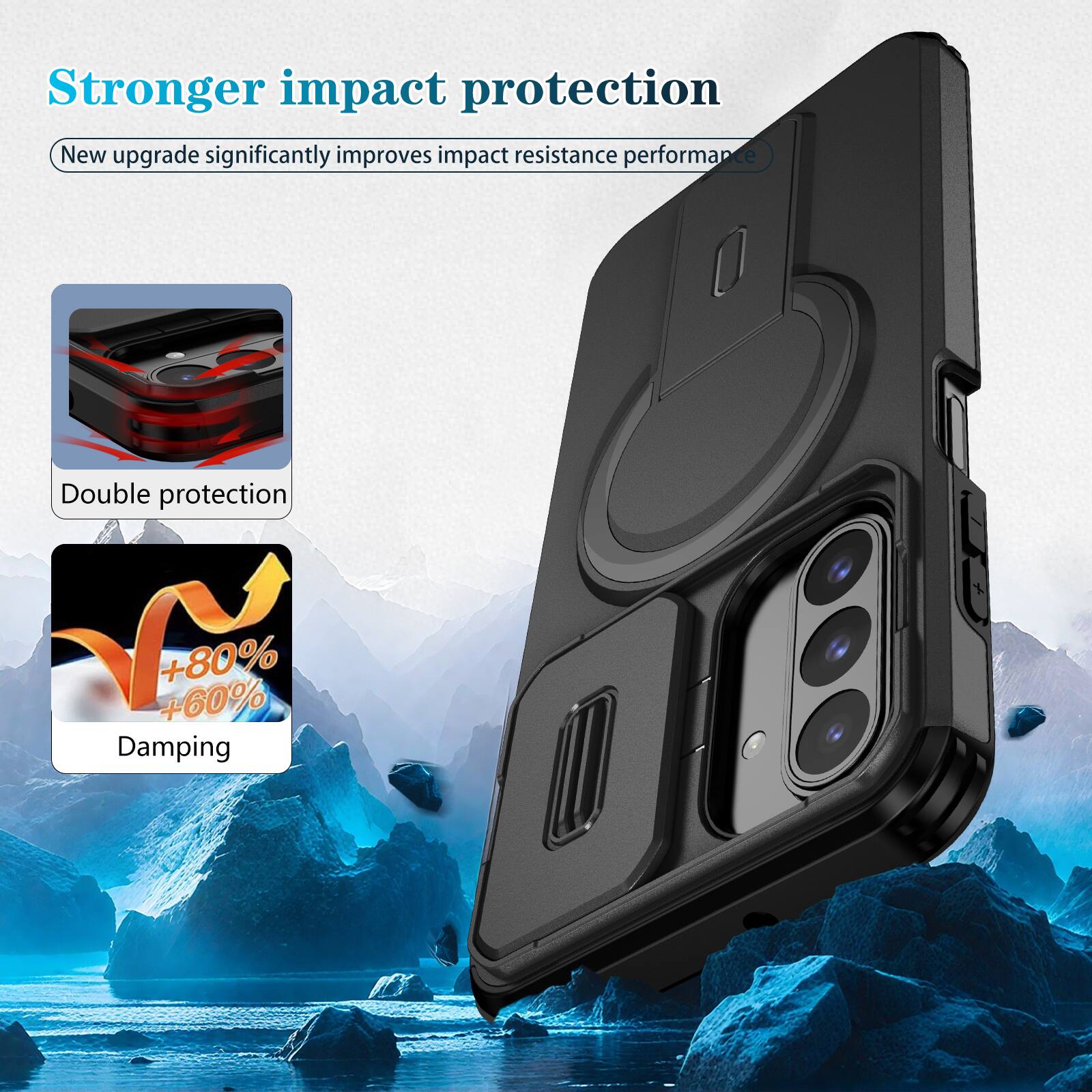 Stronger impact protection  
New upgrade significantly improves impact resistance performance  
Double protection  
+80% +60% Damping