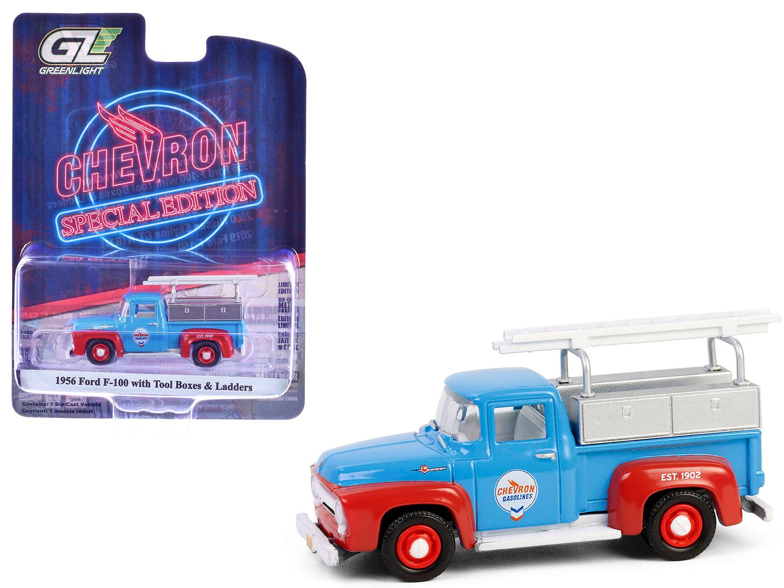 GREENLIGHT  
CHEVROLET  
1956 Ford F-100 with Tool Boxes & Ladders  
SPECIAL EDITION  
LIMITED EDITION  
EST. 1902  
CHEVROLET GASOLINE  
LIMITED EDITION  
1956 Ford F-100 with Tool Boxes & Ladders  
Contains 1 Die-Cast Vehicle  
Content 1 modèle réduit