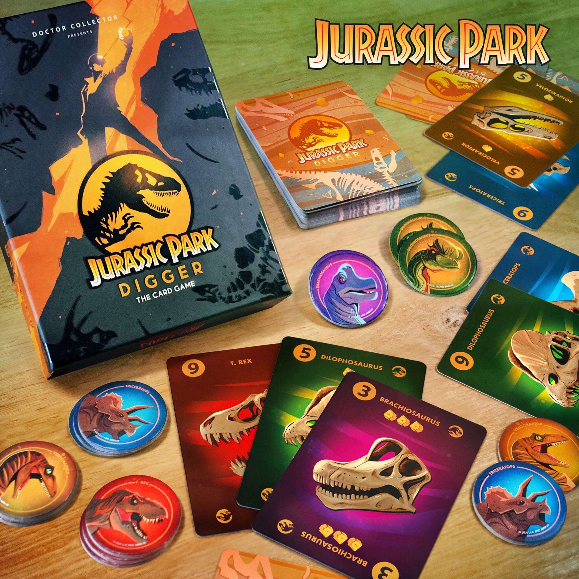 Collector Doctor Presents Jurassic Park Digger Card Game:

1. Rex - 9
2. Triceratops - 6
3. Brachiosaurus - 9
4. Dilophosaurus - 5
5. Velociraptor - 5
6. T-Rex - 9
7. Brachiosaurus - 3
8. Dilophosaurus - 5
9. Triceratops - 7
10. Tyrannosaurus Rex - 9

The game is called Jurassic Park Digger.
