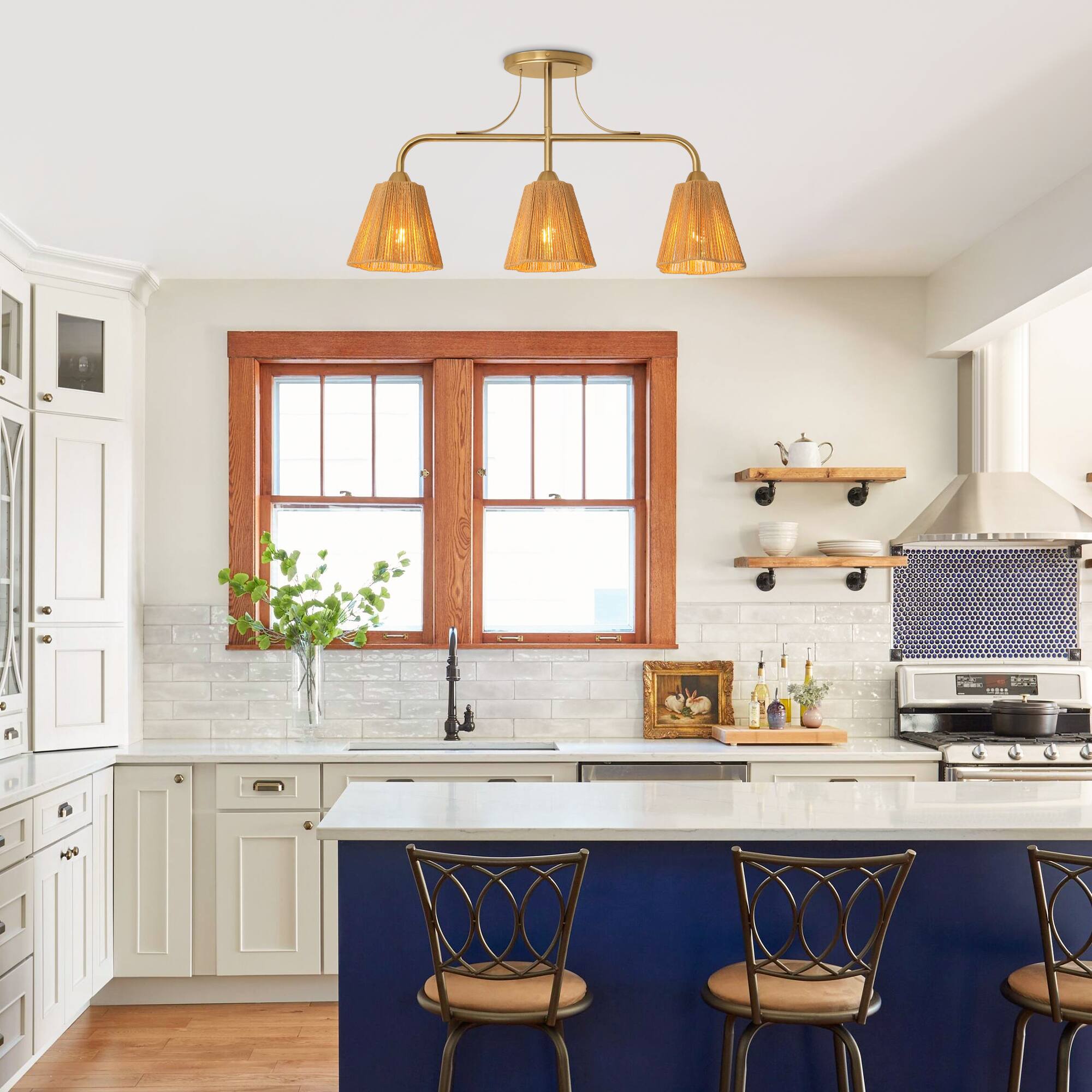 Left. Parrot Uncle - 30" Modern Gold 3-Light Kitchen Island Chandelier with Natural Woven Rope Shades for Dining Room - Gold.