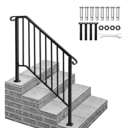 Front. Winado - Handrails Steps Stair Fits 3-4 Steps, Wrought Iron Hand Rail Stair Railing 1PC for Outdoor Concrete Porch Wooden Steps - Black.