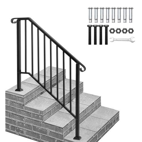Front. Winado - Handrails Steps Stair Fits 3-4 Steps, Wrought Iron Hand Rail Stair Railing 1PC for Outdoor Concrete Porch Wooden Steps - Black.