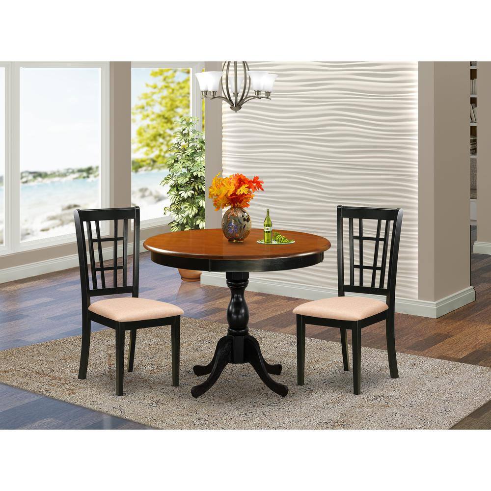 Angle. East West Furniture - East West Furniture 3-Pc Dinning Table Set Consists of a Modern Kitchen Table and 2 Linen Fabric Mid Century Chairs - Multi-Color.