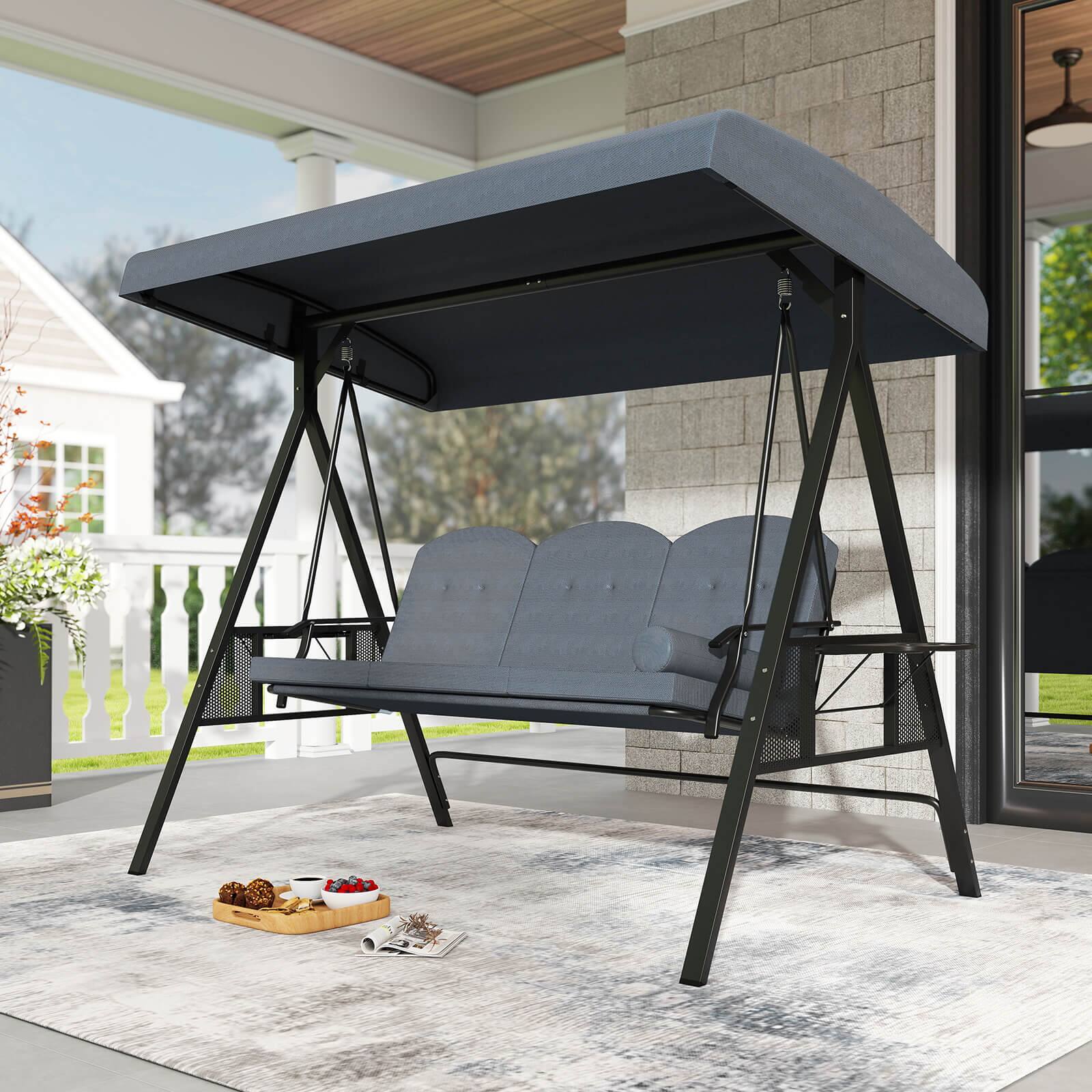 Alt View 1. Costway - Costway 3-Seat Patio Swing Chair with Adjustable Canopy Thickened Cushions Pillow - Gray.