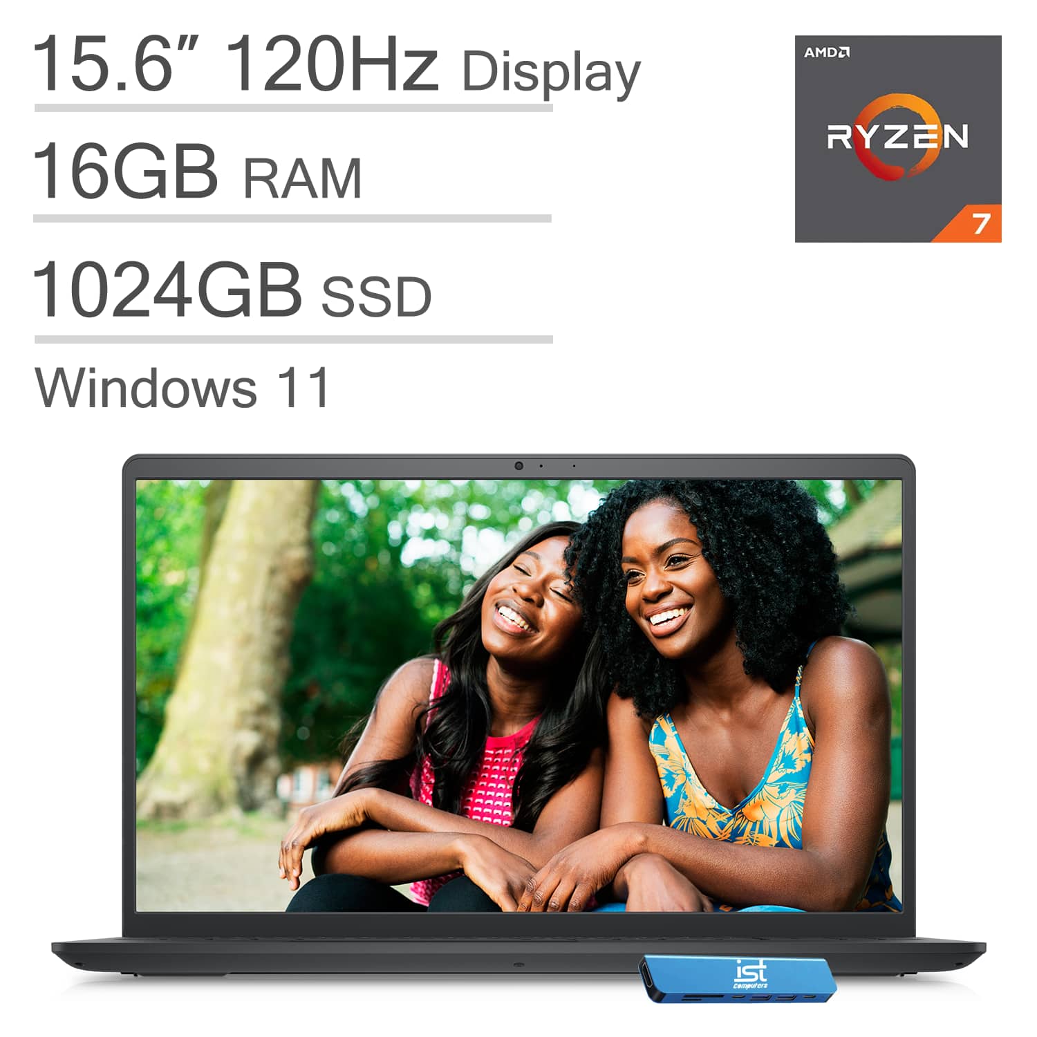 Dell - Inspiron 15 15.6" FHD 120Hz Laptop - AMD Ryzen 7 with 16GB Memory - 1TB SSD - Numeric Keypad - Windows 11 - Carbon Black