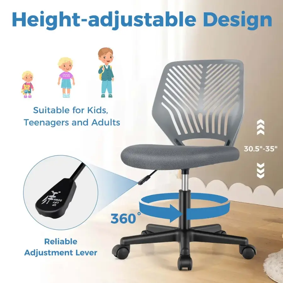 The image features a height-adjustable chair suitable for kids, teenagers, and adults. The chair has a 30.5"-35" DOM LIFT, which allows for a 360-degree adjustment lever for added comfort and support. The chair is designed to be reliable and adjustable, making it a great option for various users.