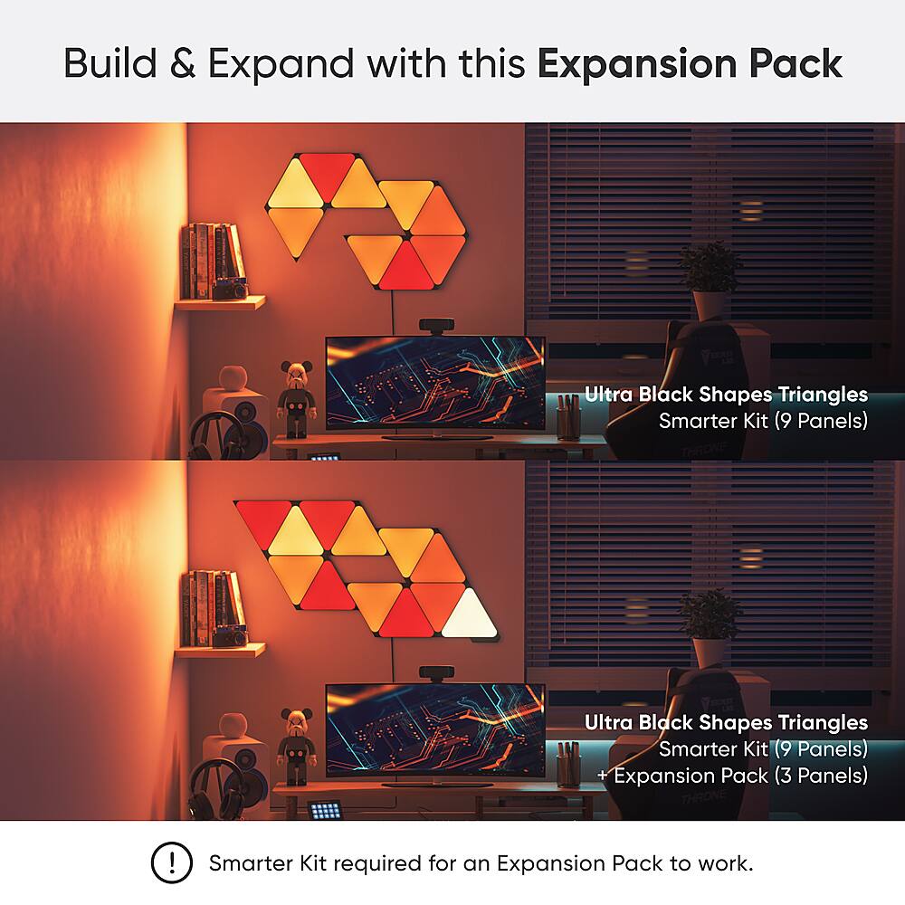 Build & Expand with this Expansion Pack: Ultra Black Shapes Triangles Smarter Kit (9 Panels) + Expansion Pack (3 Panels) ! Smarter Kit required for an Expansion Pack to work.