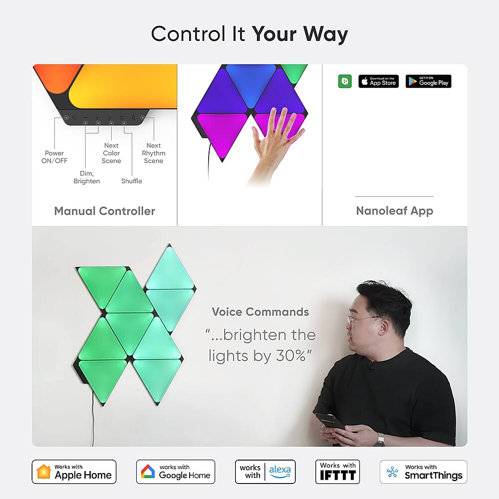Control It Your Way - App Store and Google Play - Power ON/OFF - Next Color Scene - Next Rhythm Scene - Dim, Brighten, Shuffle - Manual Controller - Nanoleaf App - Voice Commands - "brighten the lights by 30%" - Works with Apple Home - Works with Google Home - Works with Alexa - Works with IFTTT - Works with SmartThings