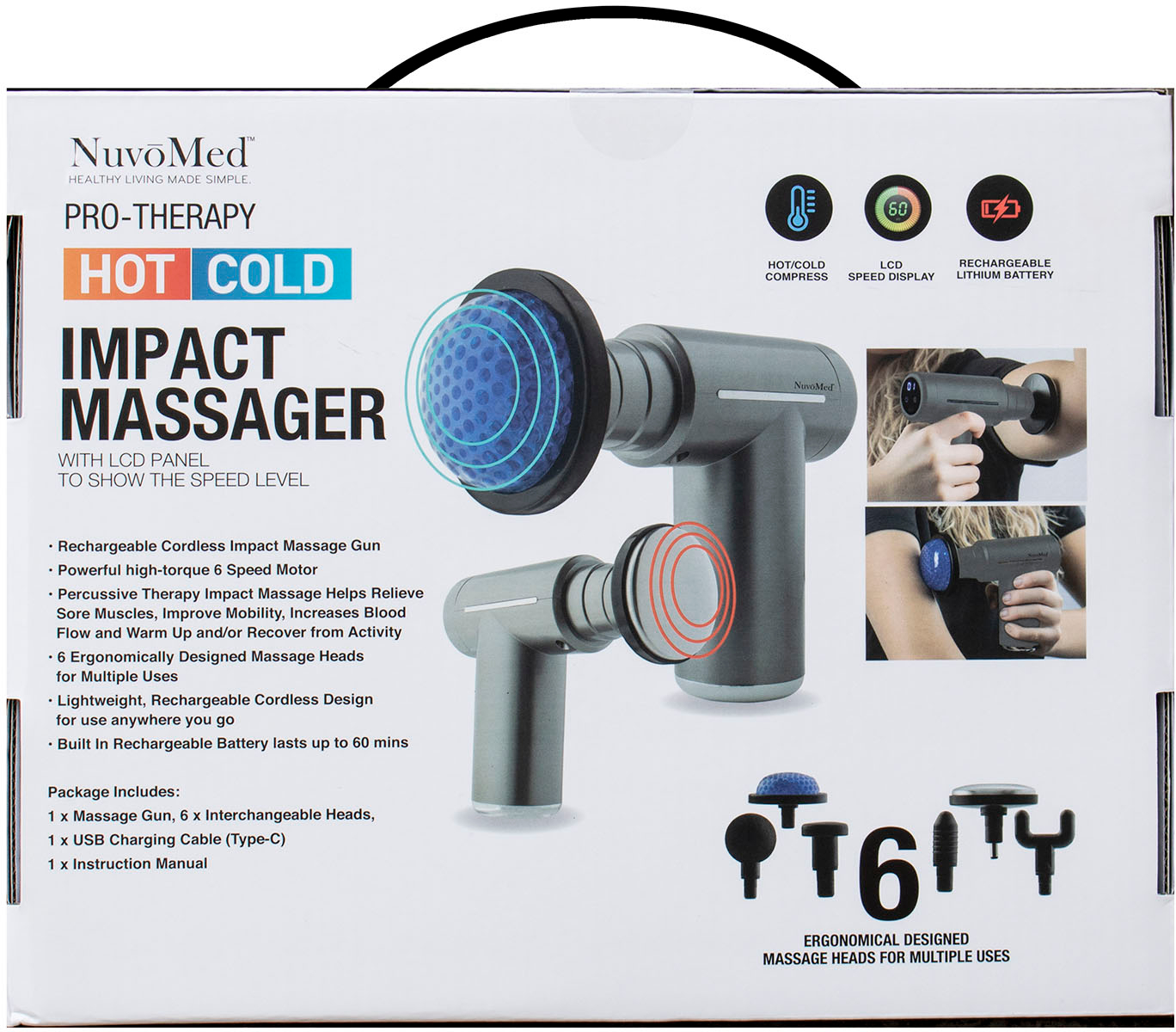 NUVOMED Hot Cold Pro-Therapy Impact Massager 6 Heads Rechargeable