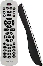 The text on the image reads "TV DVD STRM AUX 44 Il OK CH CH INPUT LAST VX JOV menu sep setup 1 4 7 2 5 8 3 6 9 (-) 0 enter PHILIPS".