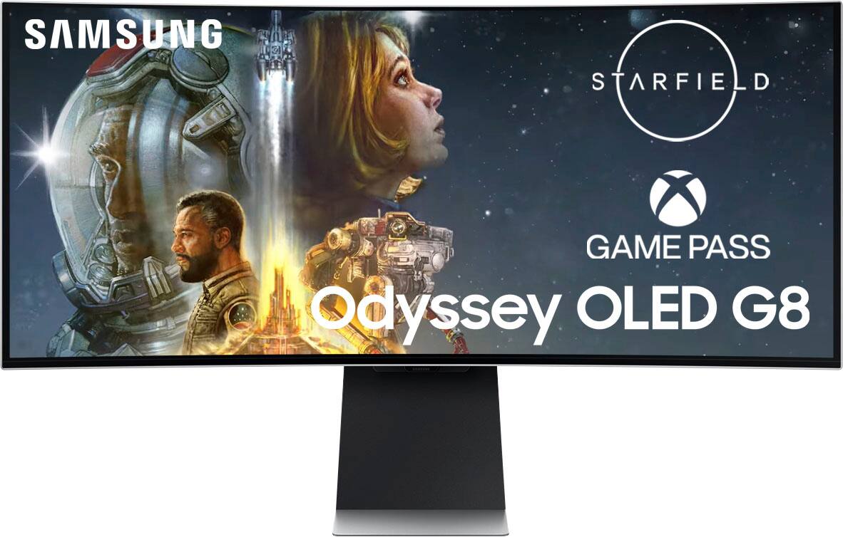 The image features a Samsung monitor with a Starfield game pass ad on it. The monitor is displaying a scene from the game, showcasing a woman and a man. The ad promotes the game pass and the Odyssey OLED G8 monitor.