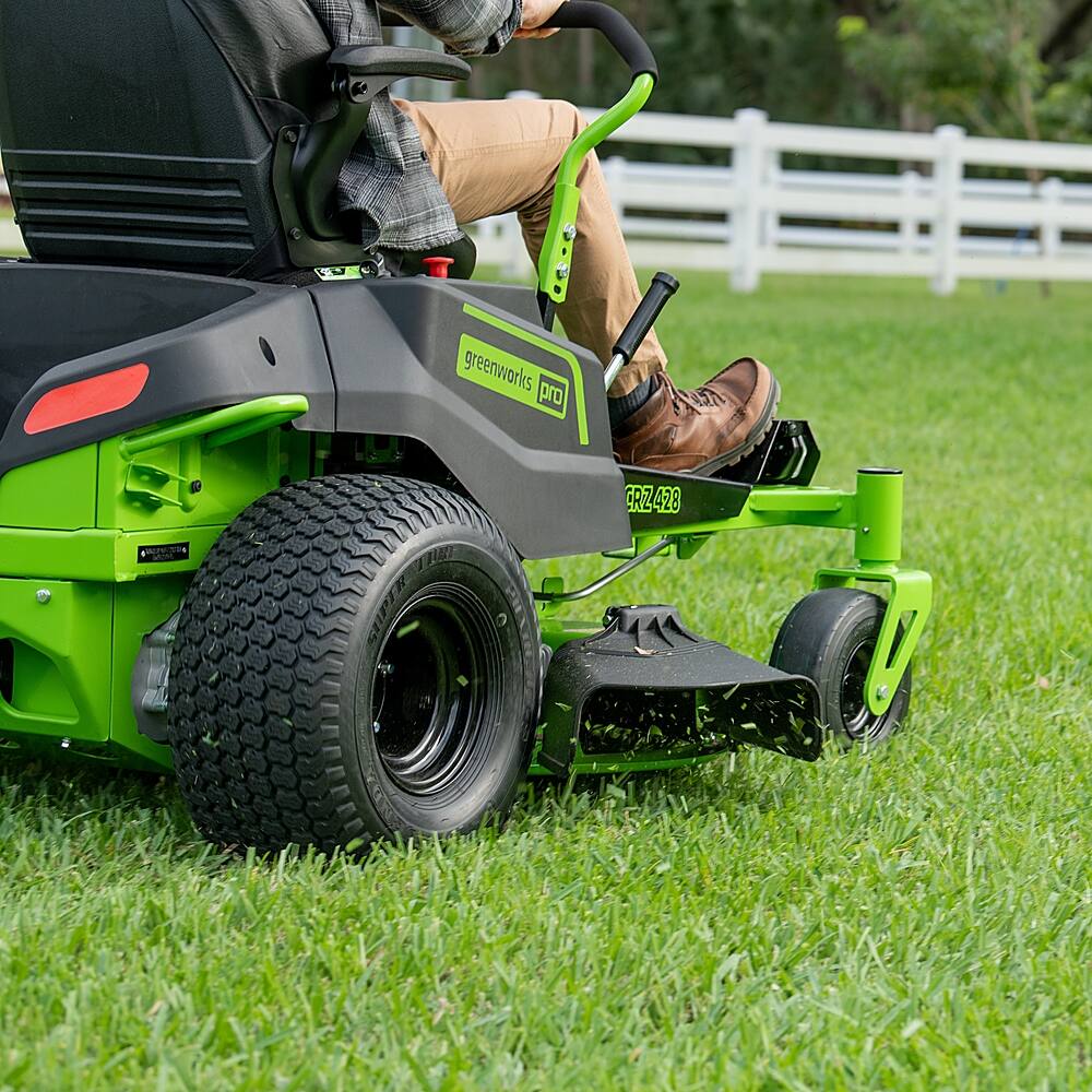 Left. Greenworks - 80 Volt 42" CrossoverZ Electric Zero Turn Riding Lawn Mower (6 4Ah Batteries and 3 Dual Port Turbo Chargers Included) - Green.